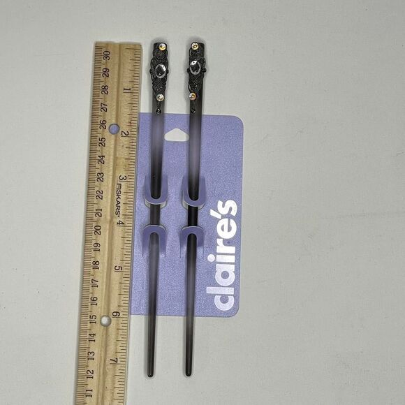 Y2K Claire's Black Silver Hair Chopsticks Accessories Fairy Goth Prom Deadstock - Picture 6 of 7